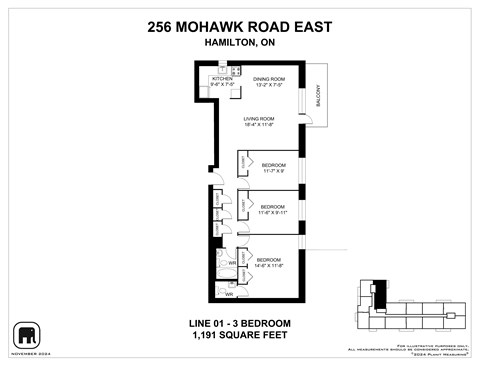 A floor plan for a three bedroom apartment at 256 Mohawk Road East, Hamilton, ON.